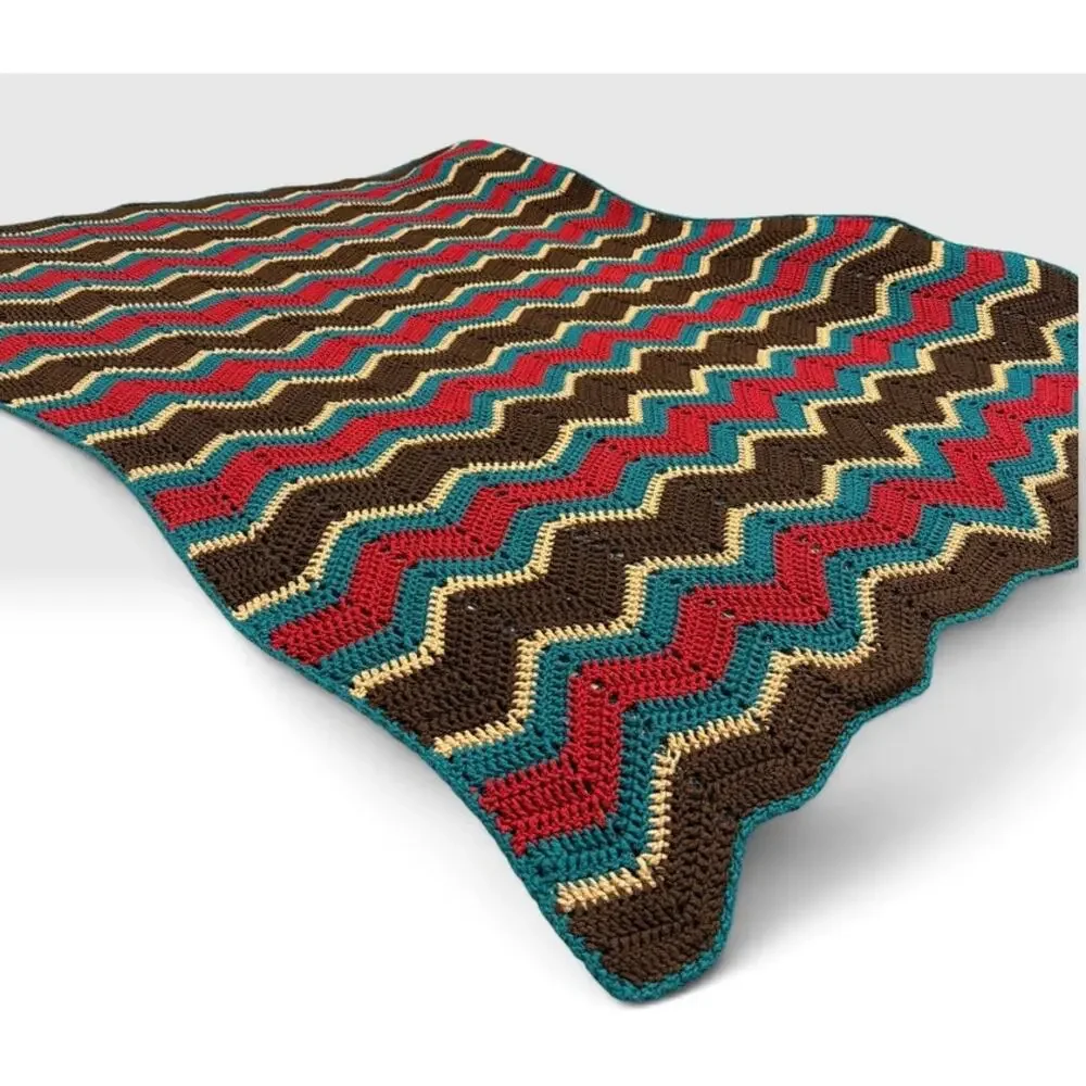 Handmade Crochet Vibrant Autumn Afghan Blanket Brown Teal Red Oversized 78 x 60